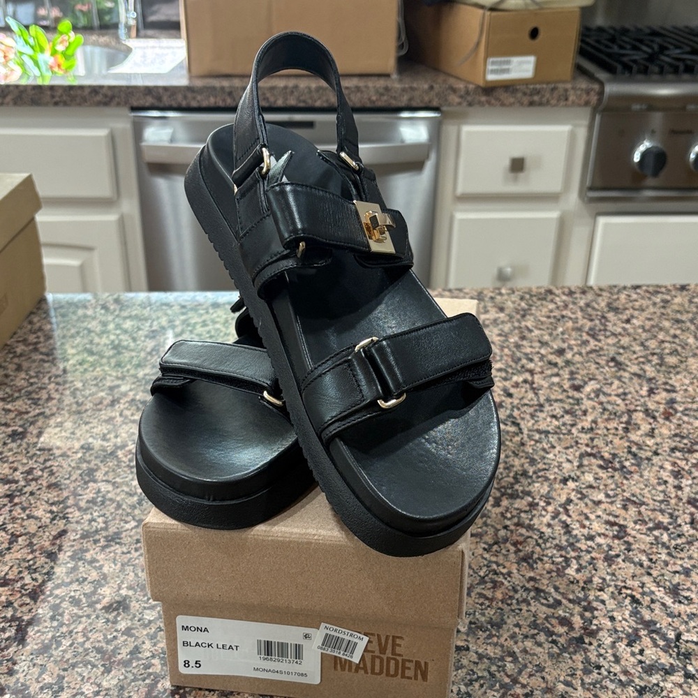 Steve Madden Black Leather Sandals with Gold Buckles